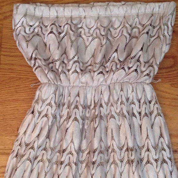 SANS SOUCI STRAPLESS SHEER LACE MAXI DRESS WOMENS S BEIGE LINED POLYESTER BOHO - Picture 8 of 12